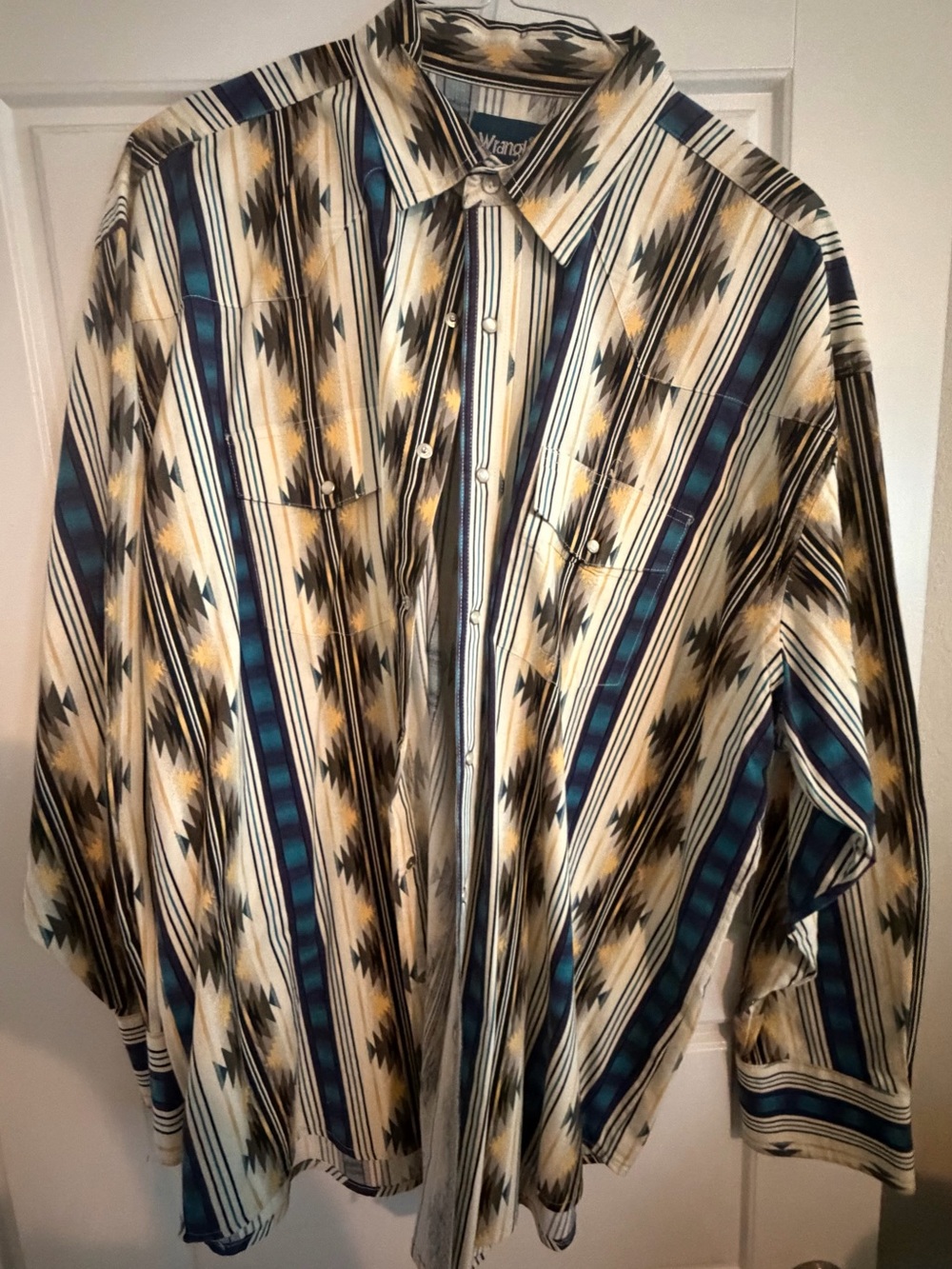 Wrangler Striped Aztec Button-Front Shirt Jacket in Cream, Teal & Black